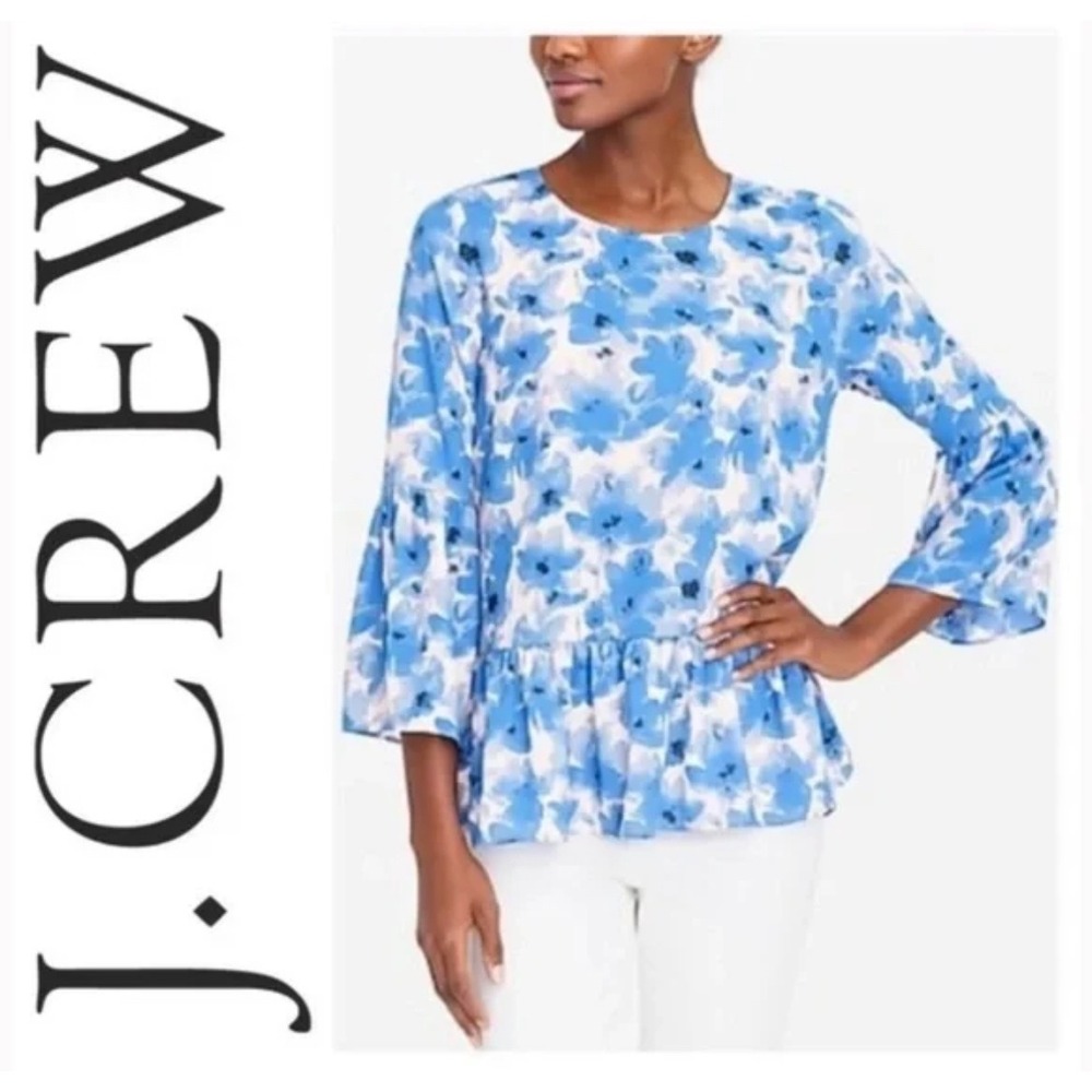 J Crew Blue Floral Peplum Bell Sleeve Top MEDIUM Watercolor Ruffle Blouse Shirt